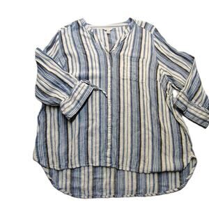 Beach Anthropologie Linen Blend Blouse Women's 26/28 Blue Stripe Button Up Plus
